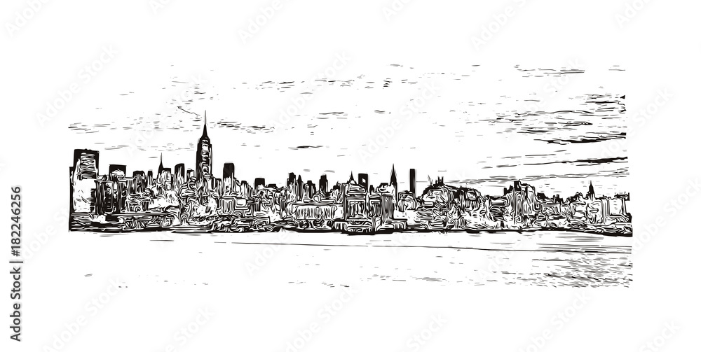 Hand drawn sketch of New York City skyline in vector illustration ...