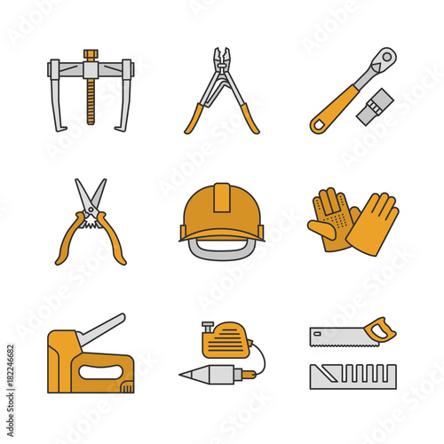 Construction tools color icons set