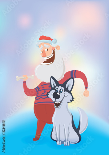 Happy laughing Santa Claus with bone and a dog. New year and Christmas cards for year of the dog according to the Eastern calendar. Vector Characters Illustration on glowing colourful background.