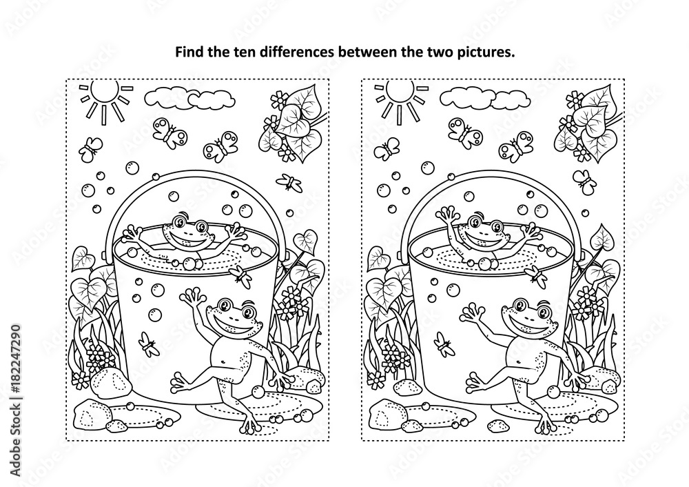 Fototapeta premium Summer joy themed find the ten differences picture puzzle and coloring page with happy playful frogs swimming in a bucket full of water. 