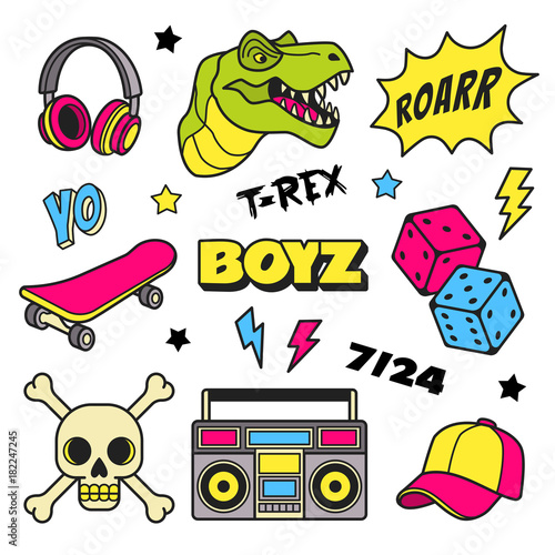 Boys patches collection. Vector illustration of colorful badges and symbols for boys, such as T Rex, headphones, dice, skateboard, cap and boom box. Isolated on white.