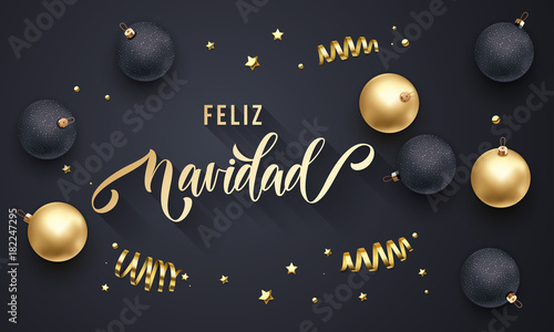 Feliz Navidad Spanish Merry Christmas golden decoration, hand drawn gold calligraphy font for greeting card black background. Vector Christmas or New Year holiday gold star shiny confetti decoration