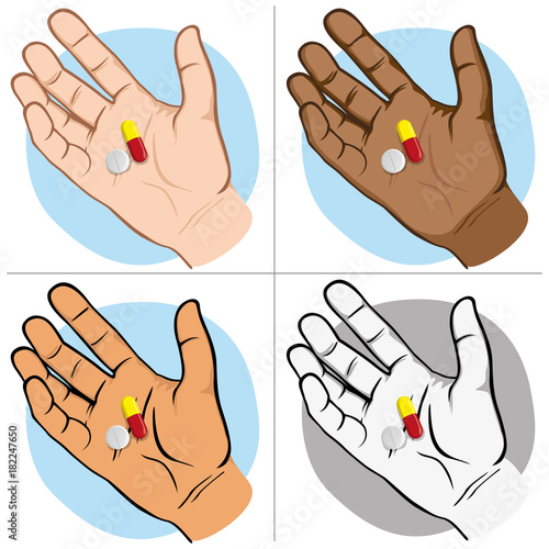 Illustration represents an open human hand with medicines in the palm of the sample, ethnics. Ideal for catalogs of institutional and medical material