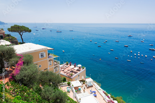 Rocky coast and Tyrrhenian Sea waters near Positano, Amalfi coast Italy