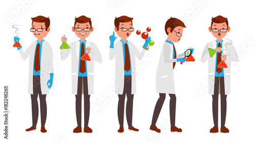 Scientist Character Vector. Friendly Funny Professor. Chemistry Laboratory Specialists. Isolated Flat Cartoon Illustration