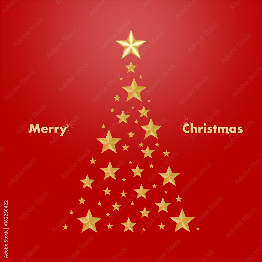Red Christmas card with a gold Christmas tree composed of gold illuminating stars with a glowing writing Happy Merry Christmas on a red background Red Christmas card with a gold Christmas tree composed of gold illuminating stars with a glowing writing Happy Merry Christmas on a red background