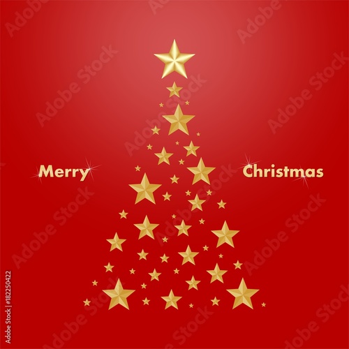 Red Christmas card with a gold Christmas tree composed of gold illuminating stars with a glowing writing Happy Merry Christmas on a red background 