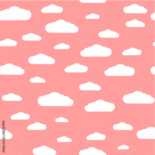 Seamless pattern. Clouds. White clouds pattern, rose background. Vector, flat illustration.