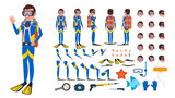 Diver Man Vector. Animated Character Creation Set. Under Water. Scuba Diver. Snorkeling Diving. Full Length, Front, Side, Back View, Poses, Face Emotions, Gestures. Isolated Flat Cartoon Illustration