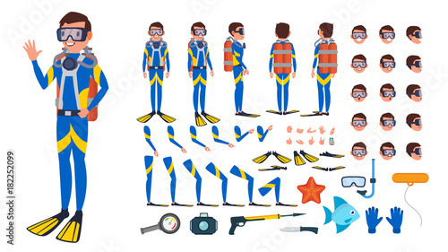 Diver Man Vector. Animated Character Creation Set. Under Water. Scuba Diver. Snorkeling Diving. Full Length, Front, Side, Back View, Poses, Face Emotions, Gestures. Isolated Flat Cartoon Illustration