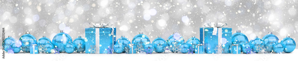 Blue and white christmas gifts and baubles 3D rendering Blue and white christmas gifts and baubles 3D rendering