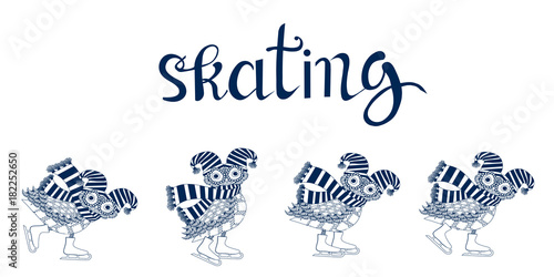 Typography banner with dark blue lettering skating and cute cartoon owls stock vector illustration
