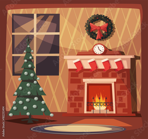 Merry Christmas. Fireplace and tree with decorations. Cartoon vector illustration