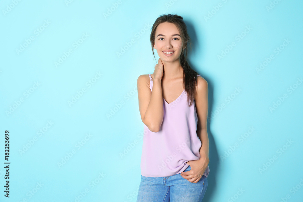 Cute teenager girl on color background Cute teenager girl on color background