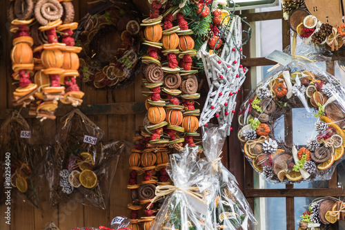 Christmas dry fruits decorations at a Christmas market