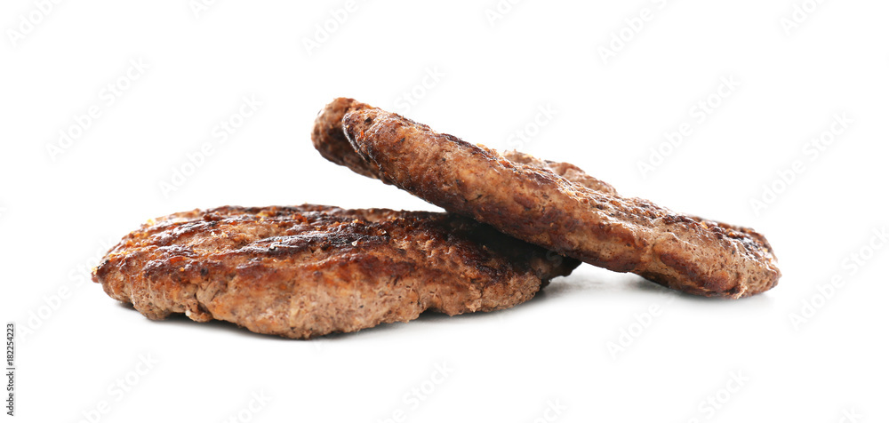 Tasty burger patties on white background Tasty burger patties on white background
