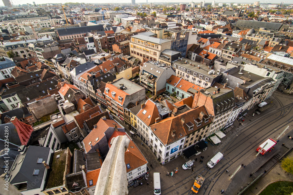 Obraz premium GHENT, BELGIUM - November, 2017: Aerial view of Architecture of Ghent city center. Ghent is medieval city and point of tourist destination in Belgium.