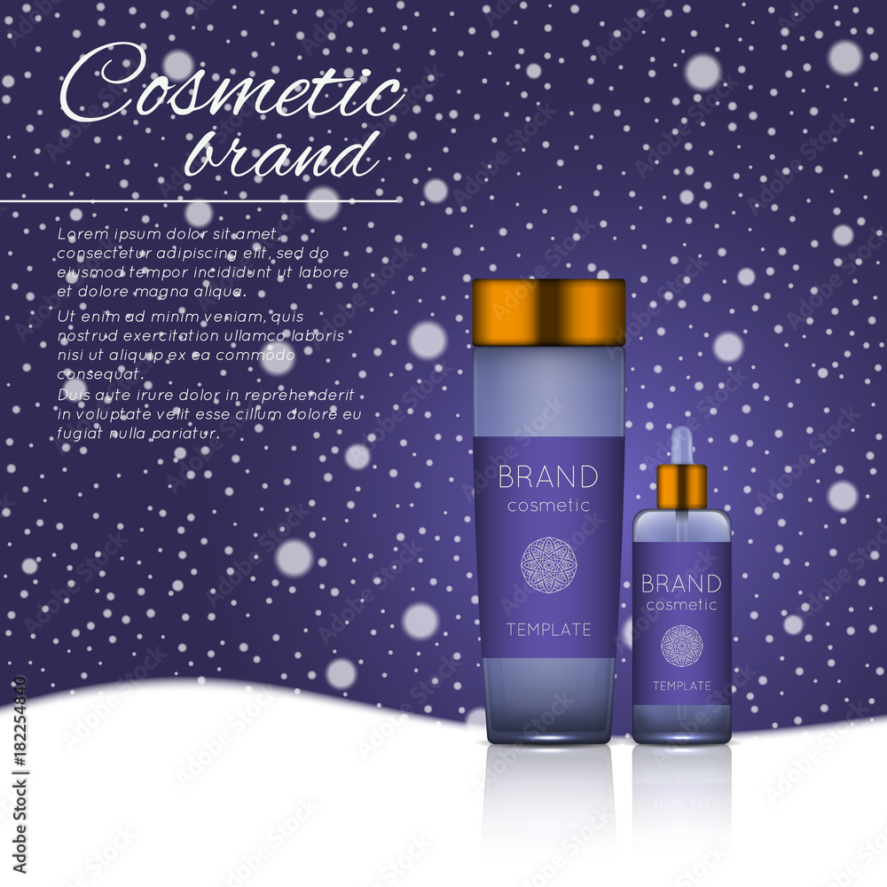 Vector 3D cosmetic illustration on a winter snowing background. Beauty realistic cosmetic product design template.