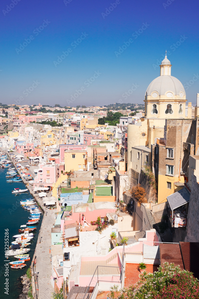 Procida island details, colorful town with harbour, Italy
