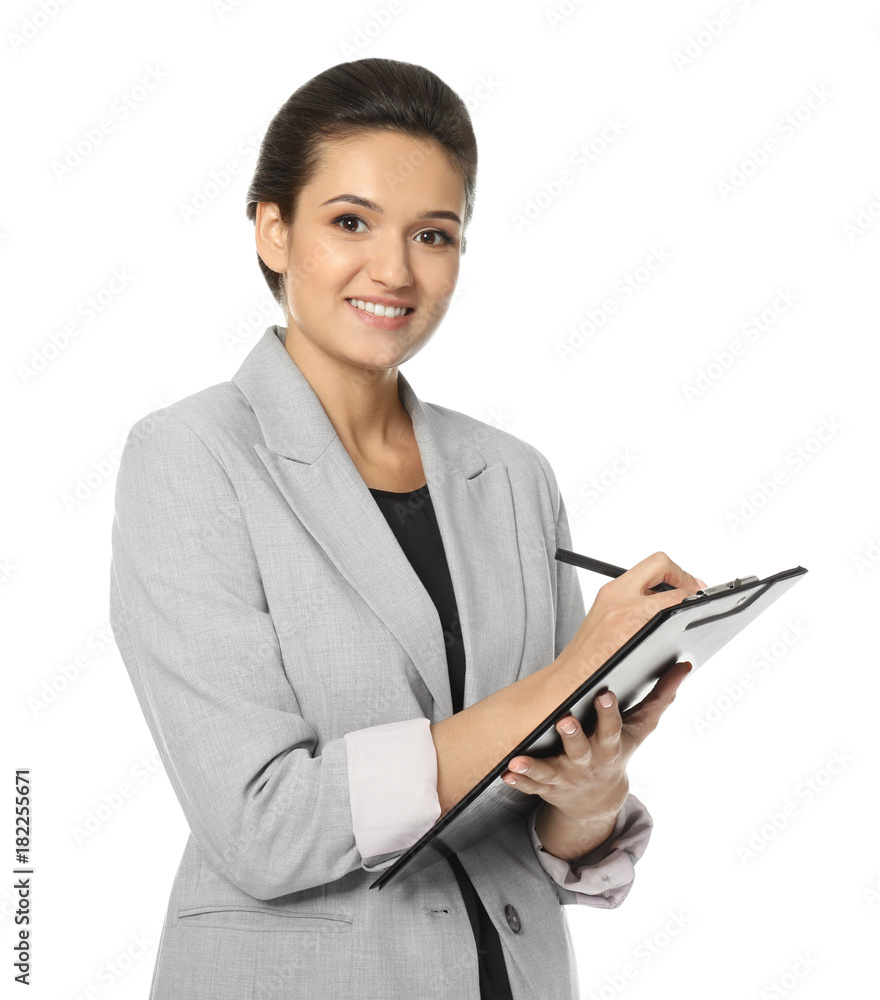 Beautiful young manager with clipboard and pen on white background Beautiful young manager with clipboard and pen on white background