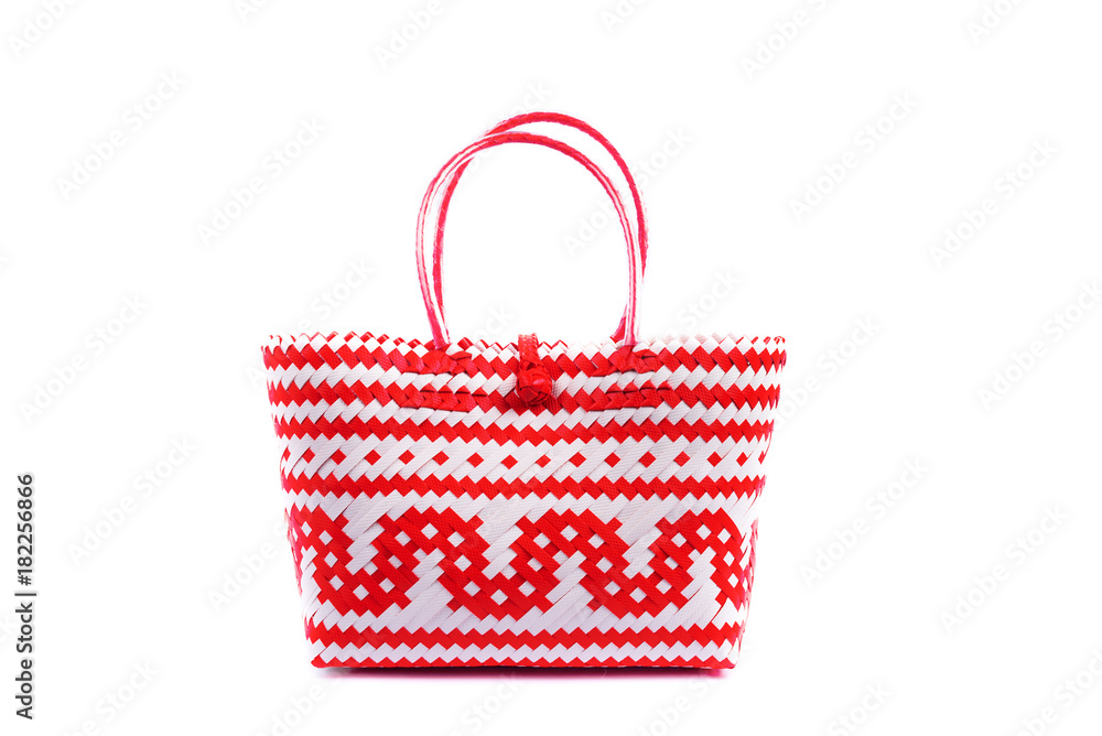 red and white close up wicker tote bag, isolated on white background red and white close up wicker tote bag, isolated on white background