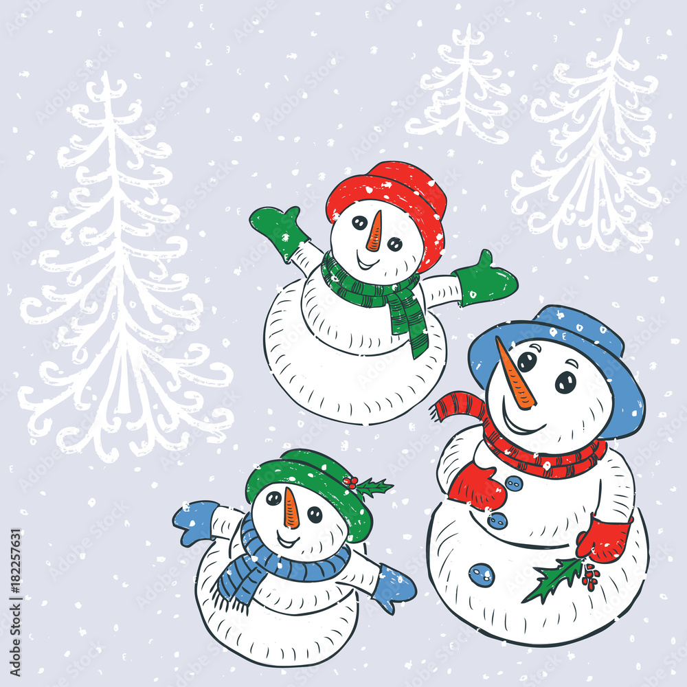 Snowmen family are looking on the snowfall Snowmen family are looking on the snowfall