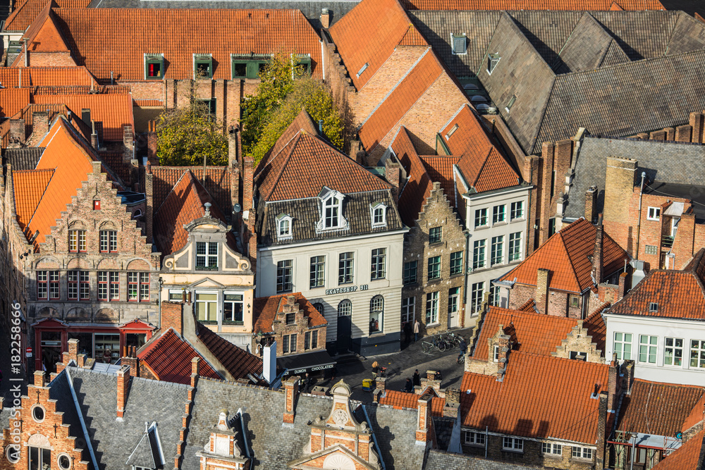 Brugge, Belgium - November, 2017.  Aerial Brugge medieval historic city. Brugge streets and historic center, canals and buildings. Brugge popular touristic destination of Belgium.