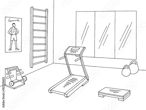 Gym interior graphic black white sketch illustration vector