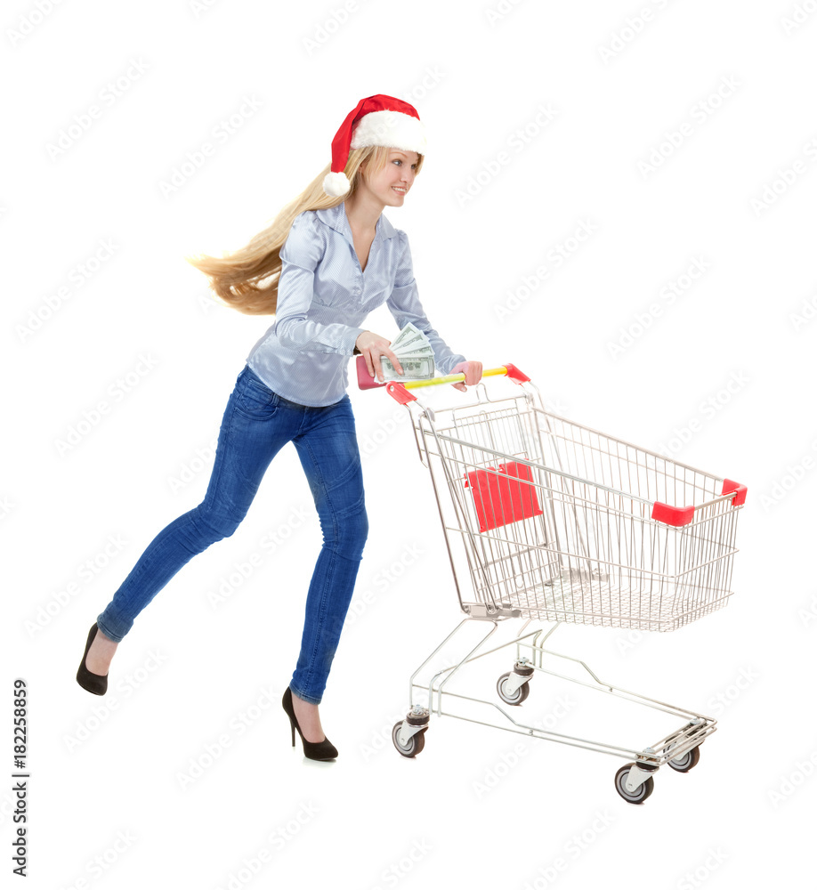 Young Beautiful Woman Running with Empty Shopping Cart Young Beautiful Woman Running with Empty Shopping Cart
