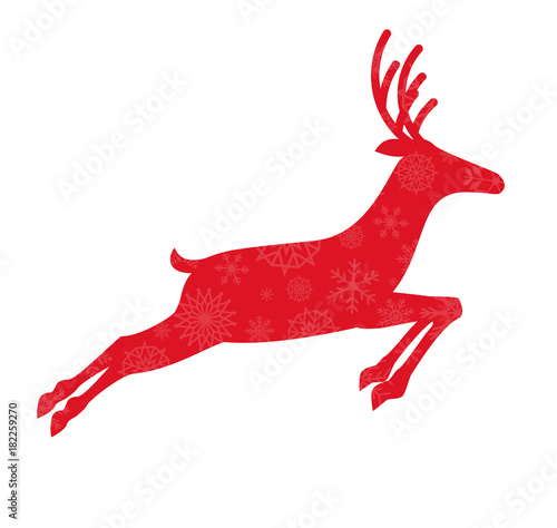 Red silhouette of running  reindeer with snow flakes pattern isolated
