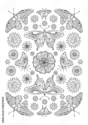 Background with fantasy decorative butterflies and flowers. Hand drawn picture. Sketch for anti-stress adult coloring book in zen-tangle style. Vector illustration for coloring page.