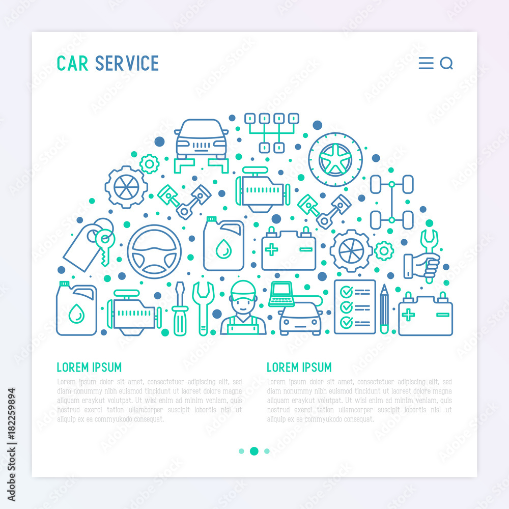 Car service concept in half circle with thin line icons of mechanic, computer diagnostics, tools, wheel, battery, transmission, jack. Modern vector illustration for banner, web page, print media.