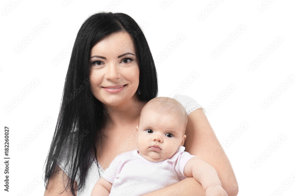 Young mother and cute baby, isolated on white Young mother and cute baby, isolated on white