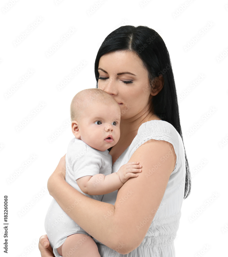 Young mother and cute baby, isolated on white Young mother and cute baby, isolated on white