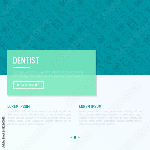 Dentist concept with thin line icons of tooth, implant, dental floss, crown, toothpaste, medical equipment. Modern vector illustration for banner, web page, print media.