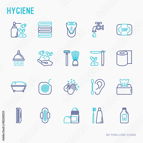 Hygiene thin line icons set: hand soap, shower, bathtub, toothpaste, razor, shaving brush, sanitary napkin, comb, ball deodorant, mouth rinse. Vector illustration.