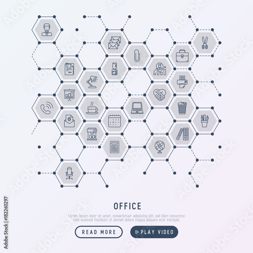 Office concept in honeycombs with thin line icons of manager, coffee machine, chair, career growth, e-mail, folders, water cooler, lamp. Vector illustration for banner, web page, print media.