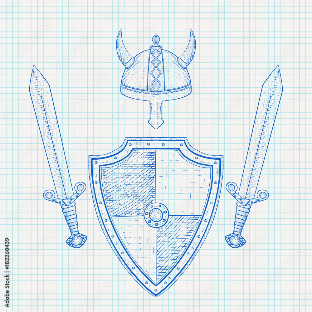 Viking armor set - helmet, shield and swords. Hand drawn sketch on lined  paper background Stock Vector | Adobe Stock