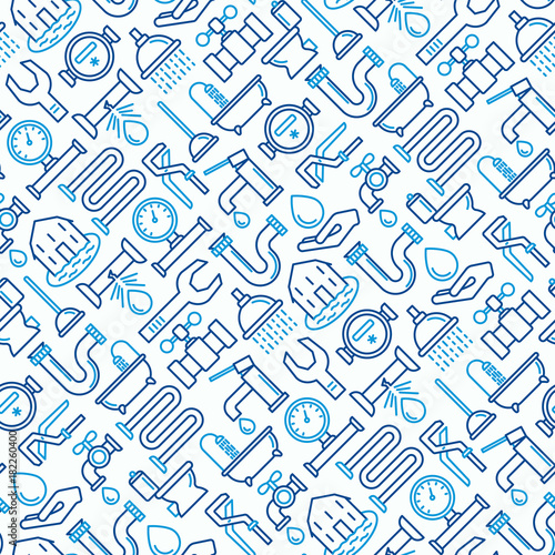Plumbing seamless pattern with thin line icons of bathtub, shower, pipe, wrench, drop, leakage, meter, plunger. Modern vector illustration.