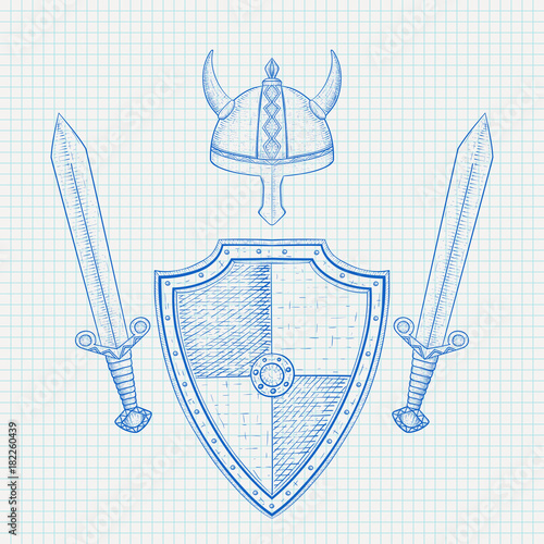 Viking armor set - helmet, shield and swords. Hand drawn sketch on lined paper background