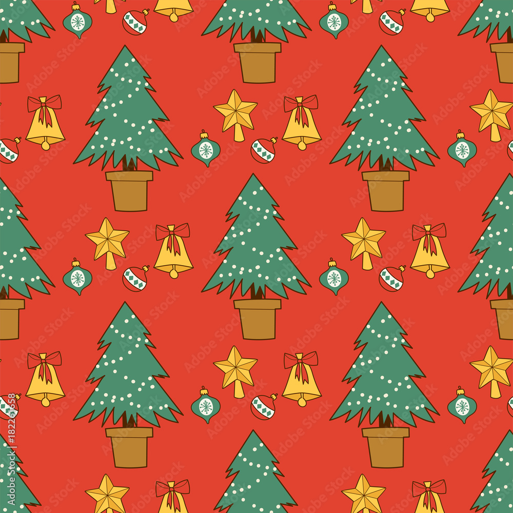 Pine tree cartoon green vector christmas holiday needle leaf trunk fir plant natural seamless pattern illustration
