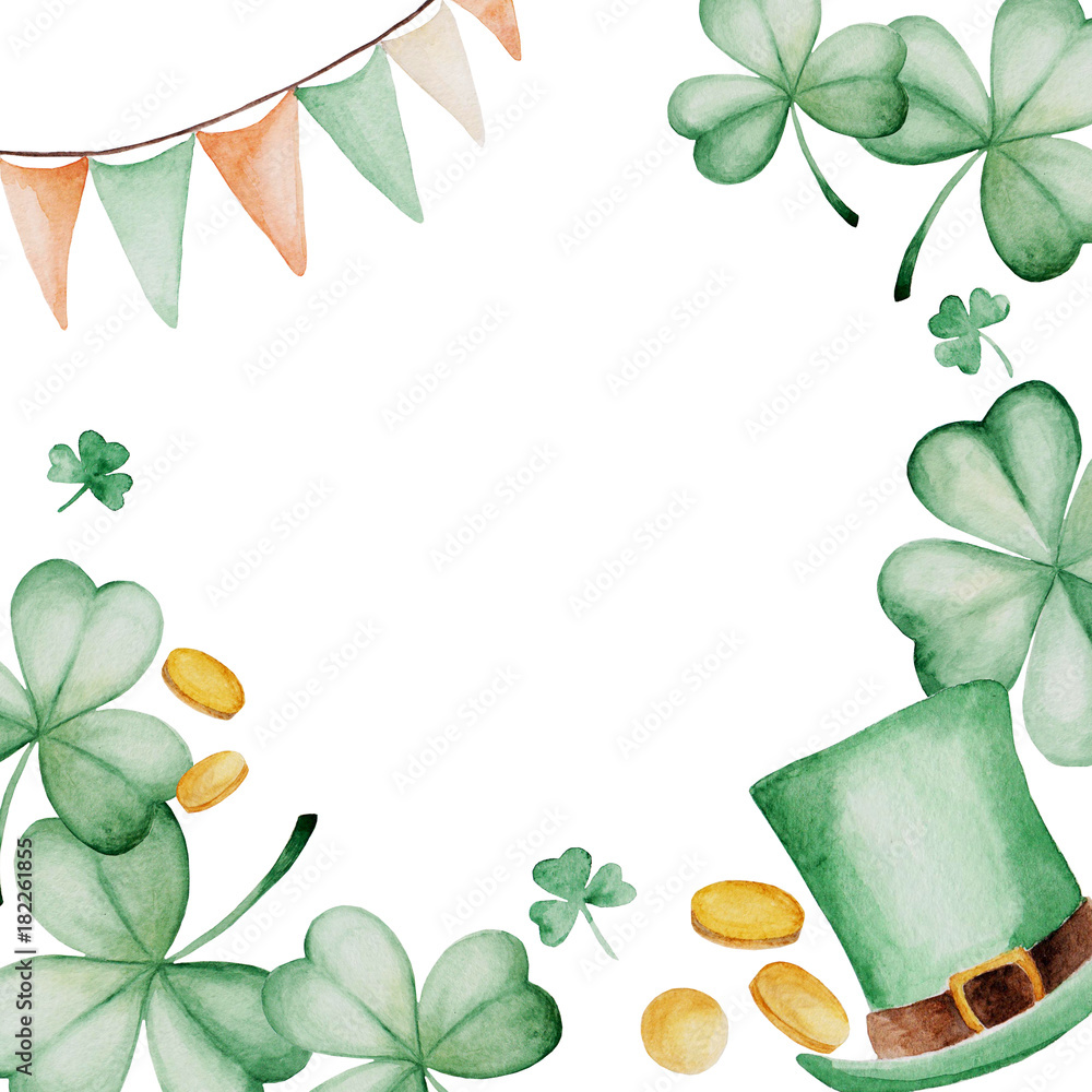Fototapeta premium Watercolor Saint Patrick's Day frame. Clover ornament. For design, print or background
