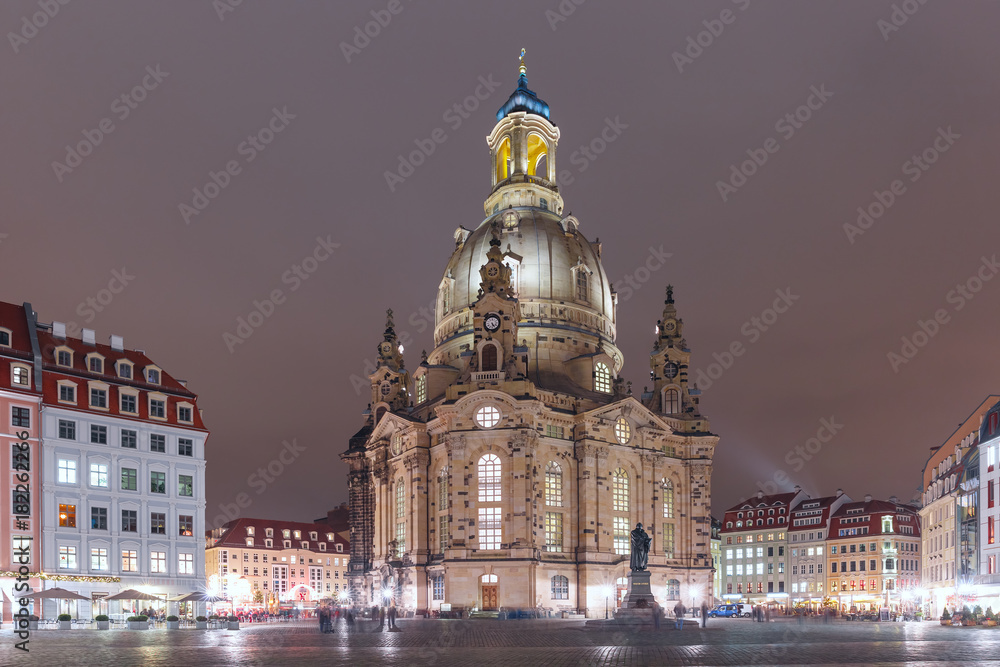 Lutheran church of Our Lady aka Frauenkirche with market place at night in Dresden, Saxony, Germany