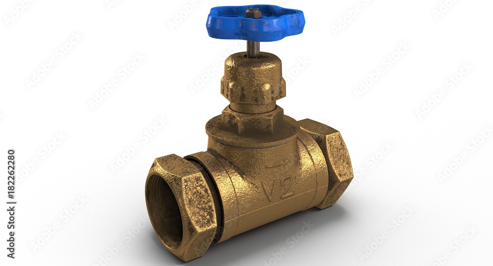 3D rendering - bronze valve with blue knob isolated on white background.