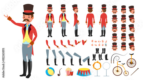 Circus Trainer Vector. Animated Character Creation Set. Full Length, Front, Side, Back View, Accessories, Poses, Face Emotions, Hairstyle, Gestures. Isolated Flat Cartoon Illustration