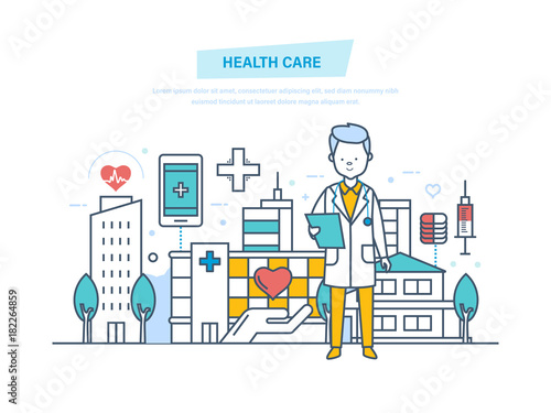 Healthcare and medical help. Medical institution, hospital, building, clinic. © Idey