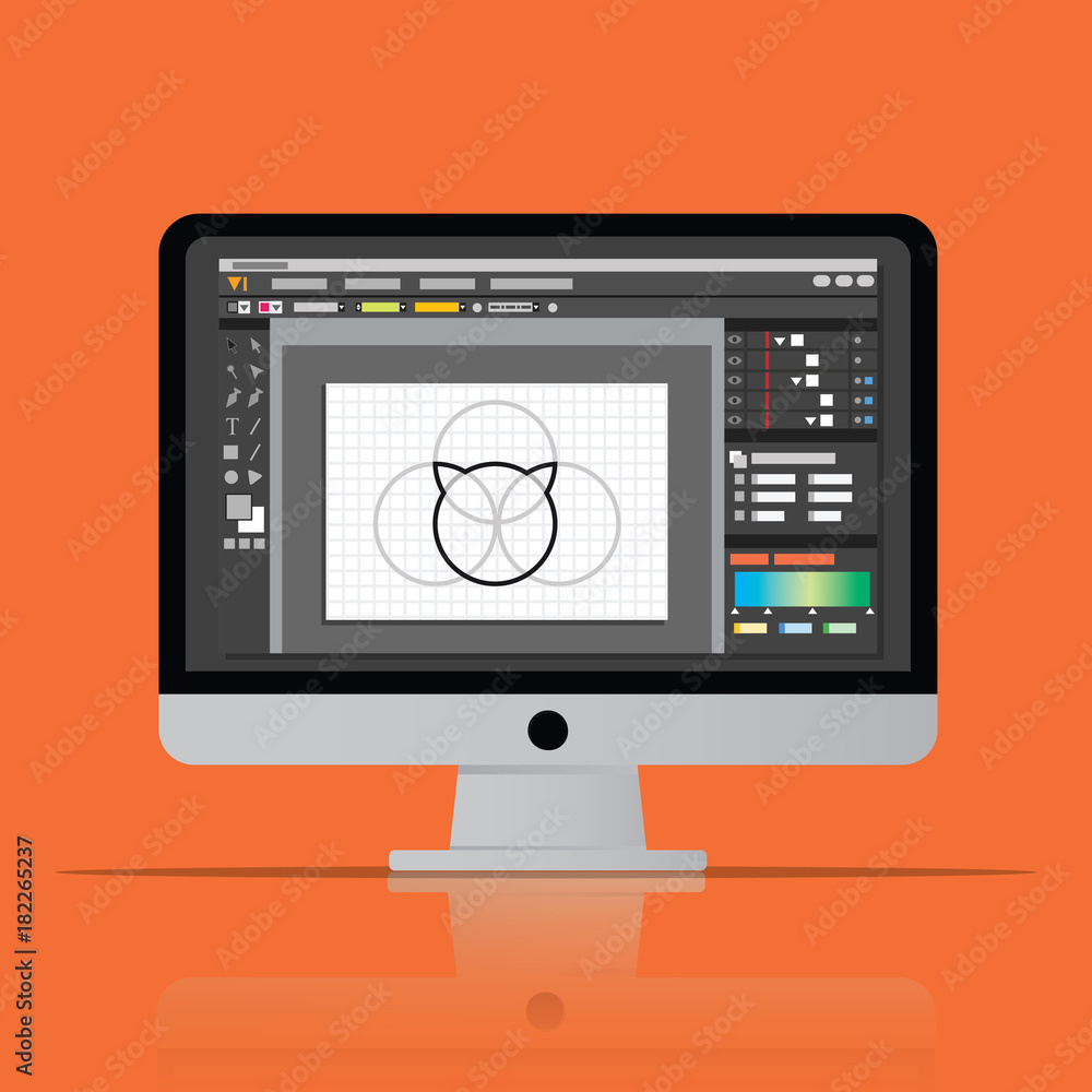 graphic editor software icon on desktop computer. vector flat design illustration. graphic editor software icon on desktop computer. vector flat design illustration.