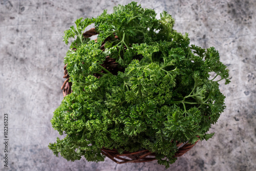 Bunch of fresh parsley on a grey background with space for text. Top view.