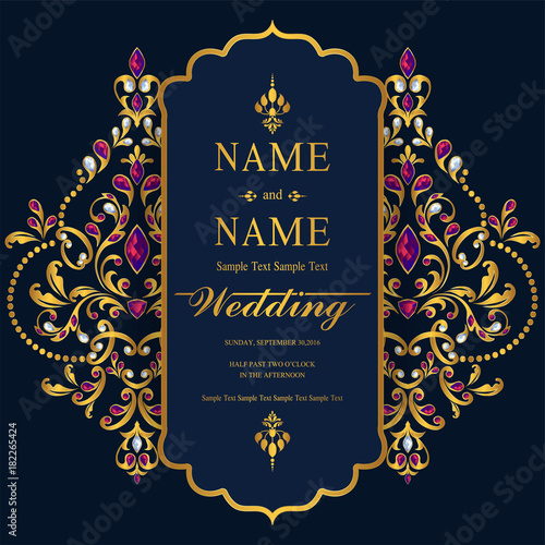 Wedding Invitation card templates with gold patterned and crystals on background color. 