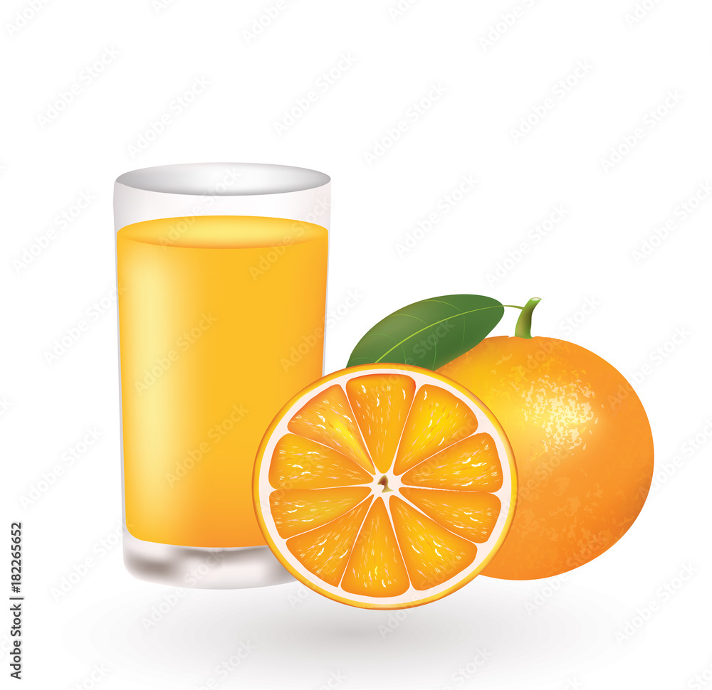 Orange juice with a fresh oranges beside the glass, vector Orange juice with a fresh oranges beside the glass, vector